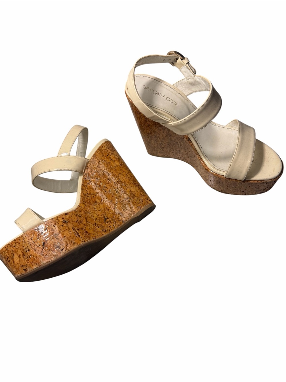 Sergio Rossi Cream Cork Wedge Sandals with Ankle Strap - Picture 2 of 4